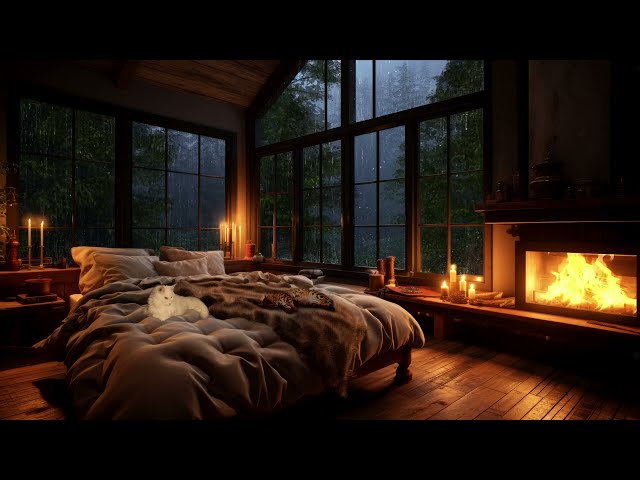 Rainy Day in the Forest, Cozy Bedroom with Crackling Fireplace