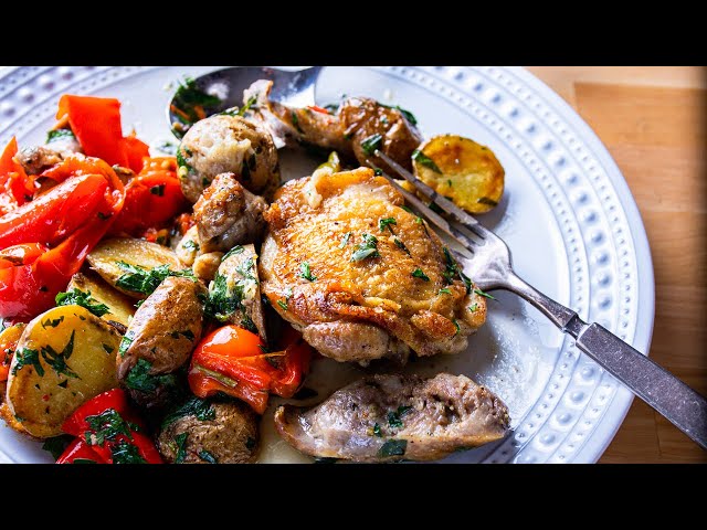 Chicken Scarpariello with Sausage, Potatoes, and Cherry Peppers