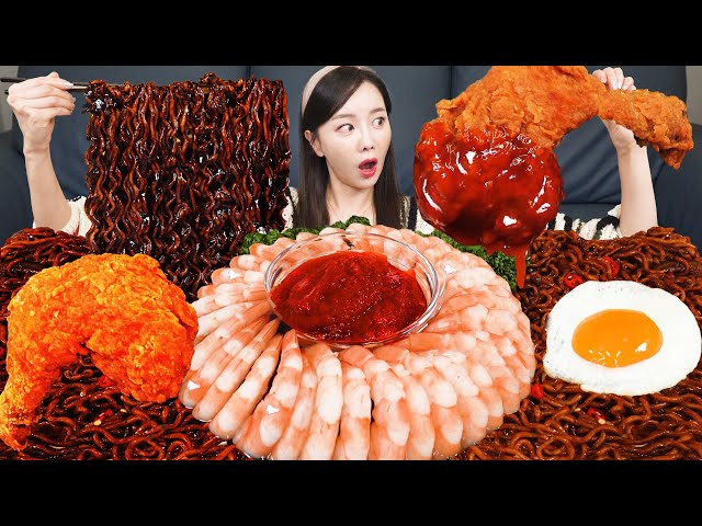 [Mukbang ASMR] Jjapaghetti & Homemade Fried Chicken Drumsticks Korean Ramen Shrimp Seafood Ssoyoung