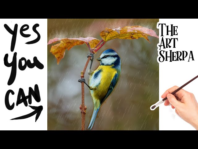 Adorable Yellow Blue Bird in the Rain 🌟🎨 How to paint acrylics for beginners: Paint Night at Home