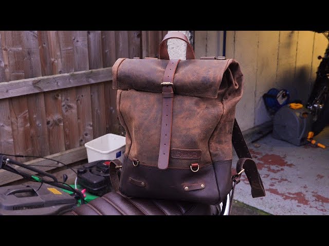Luxury leather motorcycle luggage. The Hybrid saddlebag/Backpack, from Trip Machine Co.