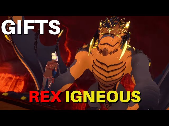 Rayla, Callum and Ezran deliver their treasures to Rex Igneous