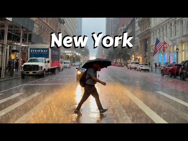 Walking In Heavy Rain Thunderstorm Manhattan New York - Lightning And Rainbow