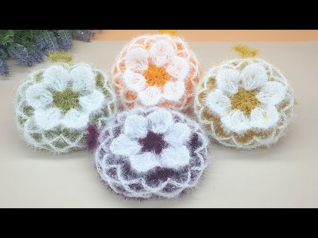 [수세미코바늘] 라인 장식이 된 꽃호빵 수세미 뜨기 Crochet Dish Scrubby
