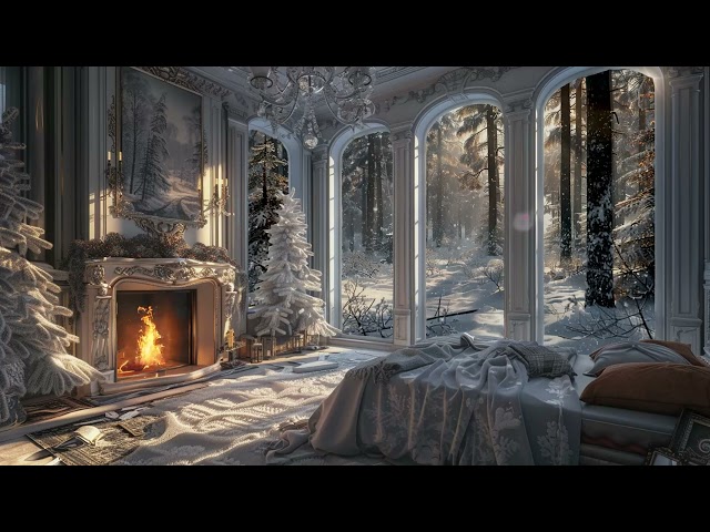 Relaxing Fireplace and Piano ASMR | Royal Bedroom Ambiance | Winter Wonderland | Tranquil Sleep