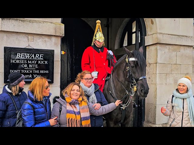 GET OFF, DON'T TOUCH IT! King's Guard tells lady who grabs the reins at Horse Guards!