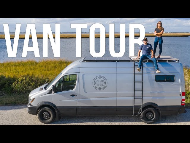 DIY VAN TOUR - Full-Time Travel Couple - Shower, Roof Deck, and Convertible Bed - Van Life