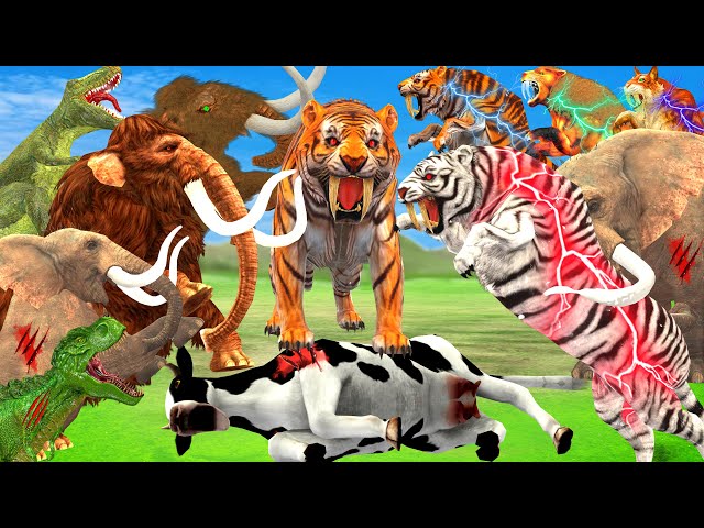 10 Elephants Vs 10 Dinosaur Vs 10 Zombie Tigers Attack Cow Cartoon Buffalo Rescue By Woolly Mammoth