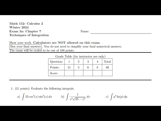 Calculus 2 Exam Solutions on Techniques of Integration
