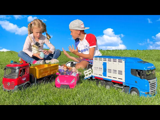 Kids playing with Truck Toy and Tractor brought a new red car.