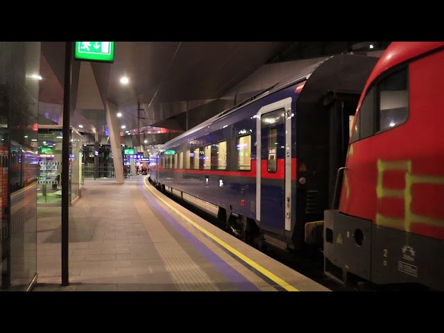 NJ 446 (Wien - Bregenz), operated with one of the new nightjet-trainsets, leaving Wien Hbf.