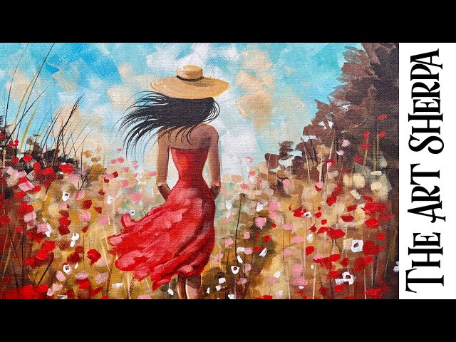 Girl in Red Dress Walking in poppies 🌟🎨 How to paint acrylics for beginners: Paint Night at Home