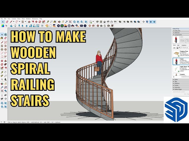 Sketchup tutorial How to make a wooden railing spiral staircase in Sketchup
