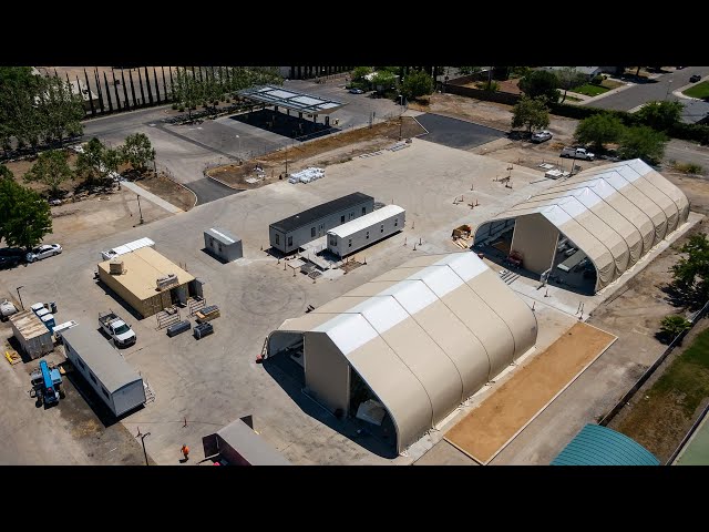 See drone video of new Sprung shelters for homeless women in south Sacramento