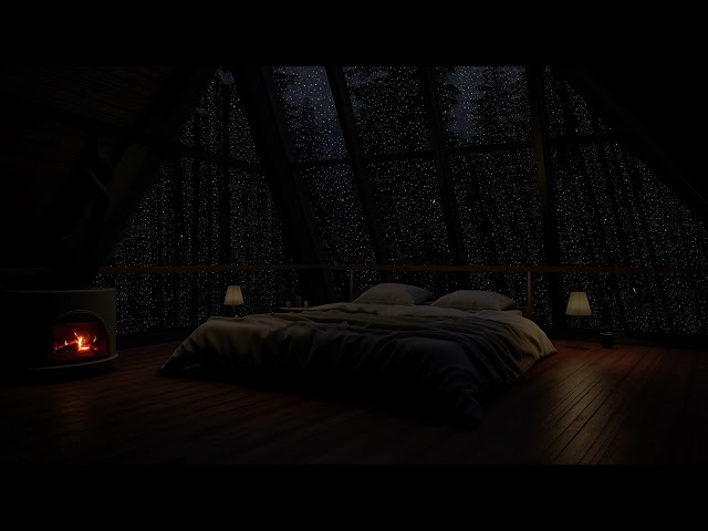 Dark Night Ambience - Fireplace Cracklings 🌧️ Attic Rain Ambience with Fireplace Sounds for Sleep