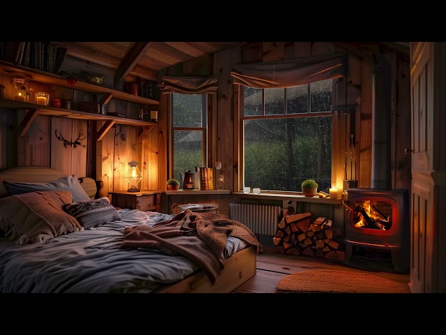 Sleep in Cozy Bedroom with Crackling Fireplace and Raindrops Falling on Window - Rain Sounds ASMR
