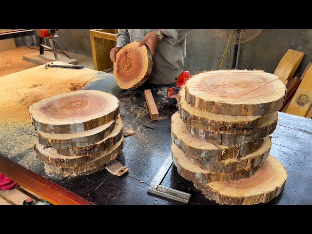 A Table That Couldn't Be More Wonderful Starts from Processing Round Wood Slices Cut from Tree Trunk