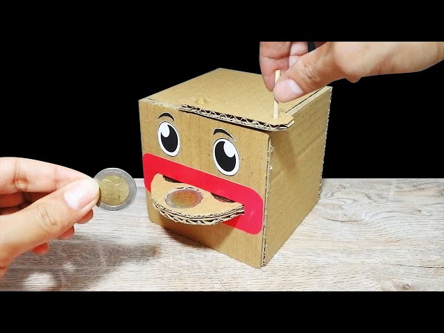 DIY ออมสินจานหมุนเหรียญ ทำจากลังกระดาษ | How to Make Coin Bank Box from Cardboard