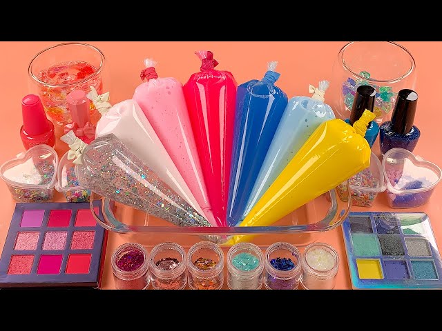 Making Glossy slime w PIPING BAGS★Makeup Eyeshadow Glitter into SLIME★ASMR★Satisfying Video#088
