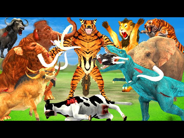 #Giant Lion Tiger Fight Big Bull Elephant Vs Tiger Wolf Vs Dinosaur T-Rex Vs Woolly Mammoth Save Cow