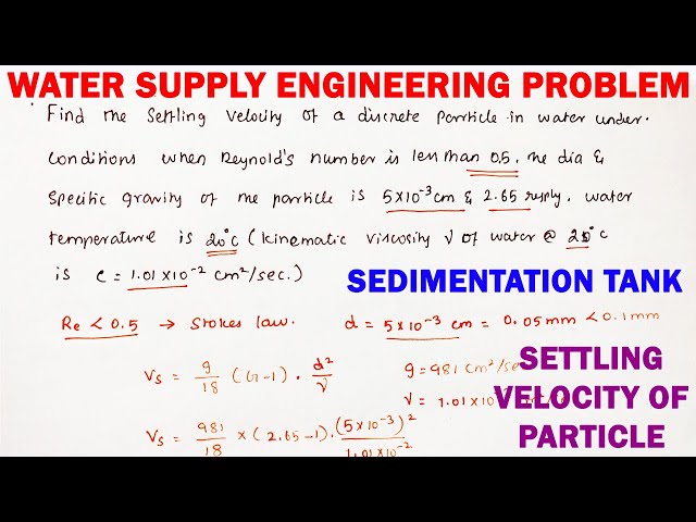 Sedimentation tank Solved problem, settling velocity of particle, waste water engineering problem