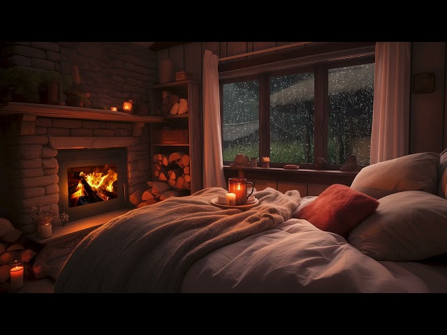 Cozy Cabin Ambience - Crackling Firewood Burning and Raindrops Falling Sounds for Deep Relaxation
