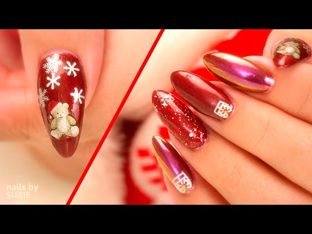 Christmas Nail Art using Chrome, Sparkles and Stickers