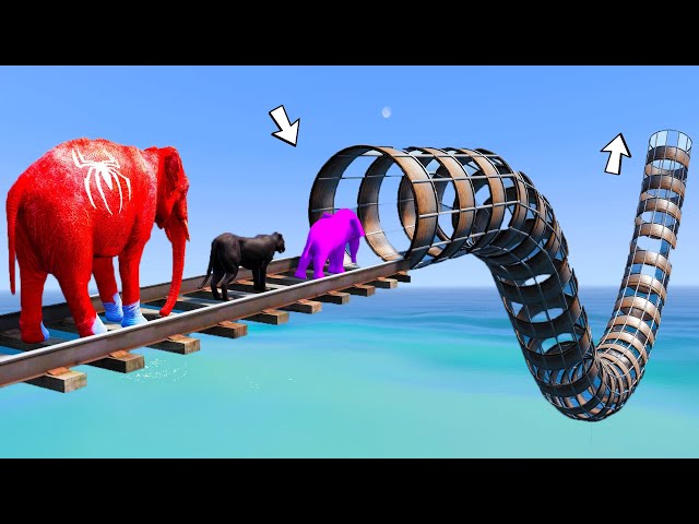 GTA 5 Spider-Man Elephant, Cow and Baby Elephant Jumps Inside a Pipe
