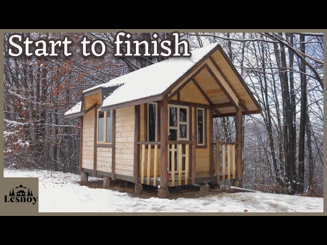 Building of a Bushcraft wooden cabin for living in nature. Start to finish