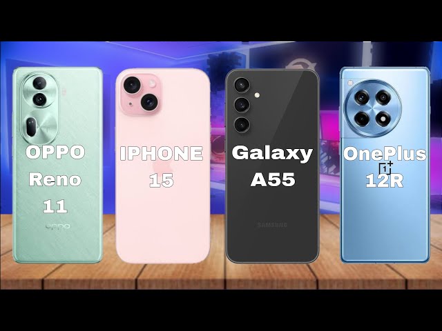 iPhone 15 Vs Galaxy A55 Vs OnePlus 12r Vs oppo Reno 11 Full Review Space