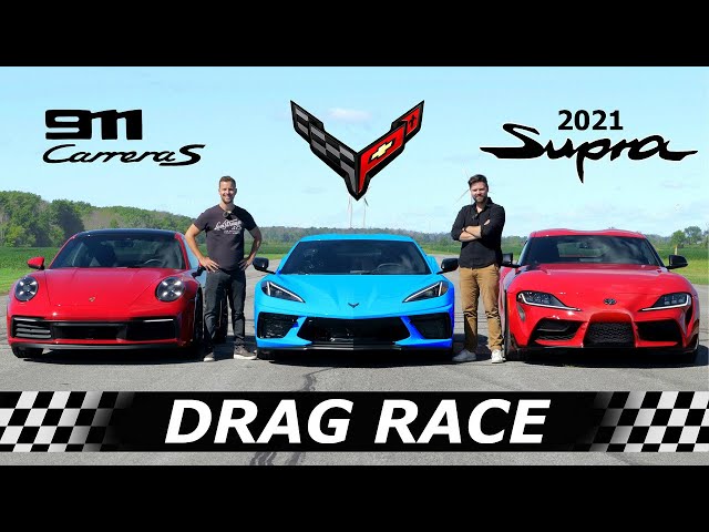 C8 Corvette vs 992 Carrera S vs 2021 Toyota Supra // DRAG RACE, ROLL RACE & LAP TIMES