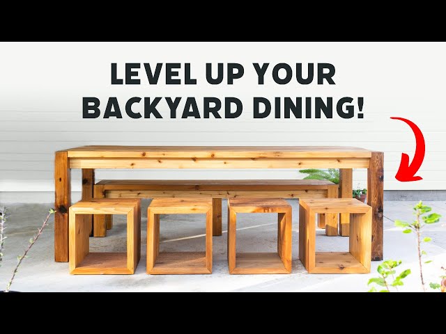 Easy DIY Outdoor Dining Table With Benches, Stools (and build plans!)