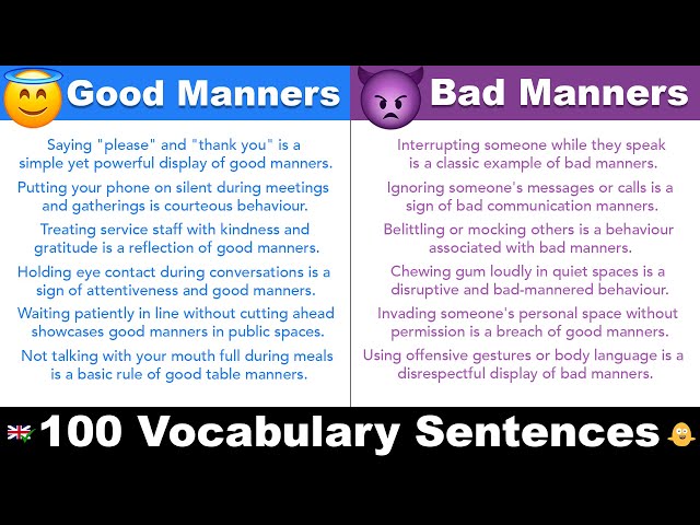 Good Manners vs. Bad Manners - 100 English Vocabulary Sentences *POLITE ENGLISH*