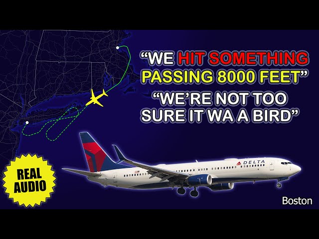 Airplane hits something at 8000 feet over Boston. Delta Boeing 737 diverts to New York. Real ATC