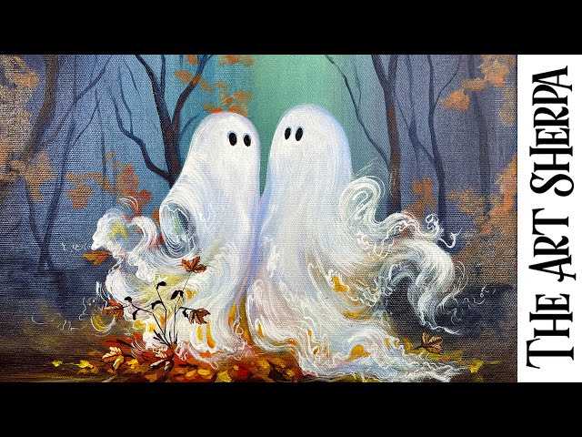 Cute Ghosts Hugging in Autumn forest 🌟🎨 How to paint acrylics for beginners: Paint Night at Home