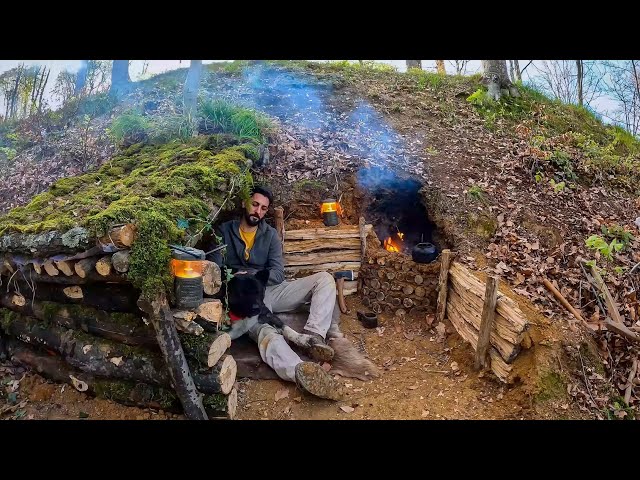 Bushcraft SURVIVAL Shelter; CAMPING DEEP in the Wild FOREST. Primitive Fireplace, Outdoor Cooking