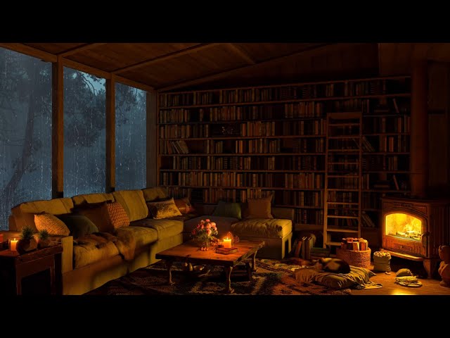 Jazz Relaxing Music 🌧️ Smooth Jazz, Rain & Fireplace Sounds in Cozy Reading Nook on A Rainy Day