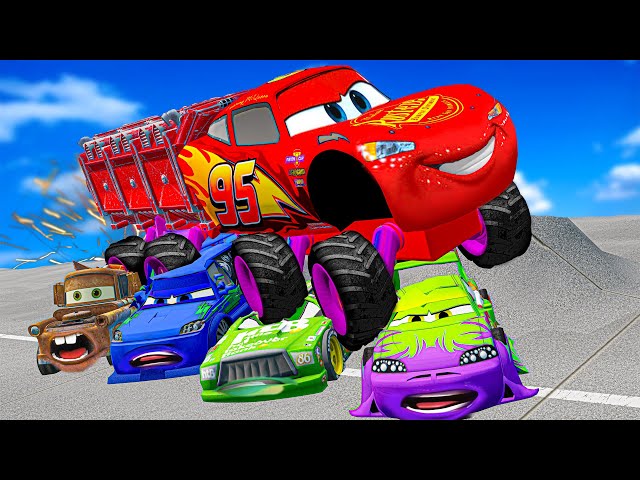 Lightning McQueen Monster vs MATER, DINOCO, WINGO, DJ Pixar cars  in  BeamNG.drive