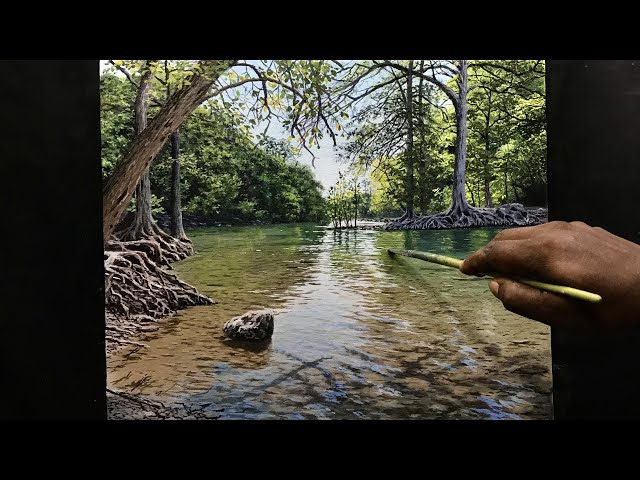 Painting a Beautiful River Side Landscape With Acrylics | Time lapse /86