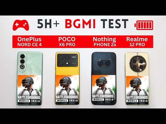 BGMI Gaming, BATTERY Drain Test | OnePlus Nord CE 4 vs POCO X6 Pro vs Nothing Phone 2a vs Realme🎮