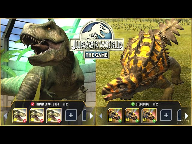 TYRANNOSAUR BUCK, STEGOUROS X3 MAX LEVEL 40. BATTLE & ALL ANIMATION | Jurassic World The Game