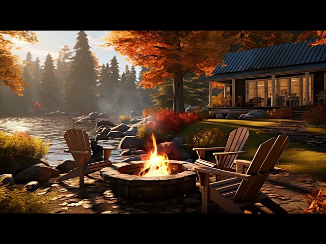 Cozy Fireplace Ambience with Gentle River Sounds and  Night Jazz Sound 4K #jazz #relaxing #4K