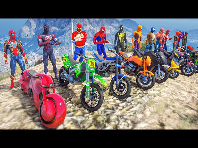 ALL SPIDERMAN Suits Motorcycles Mountain Speed Jump Challenge Competition #124