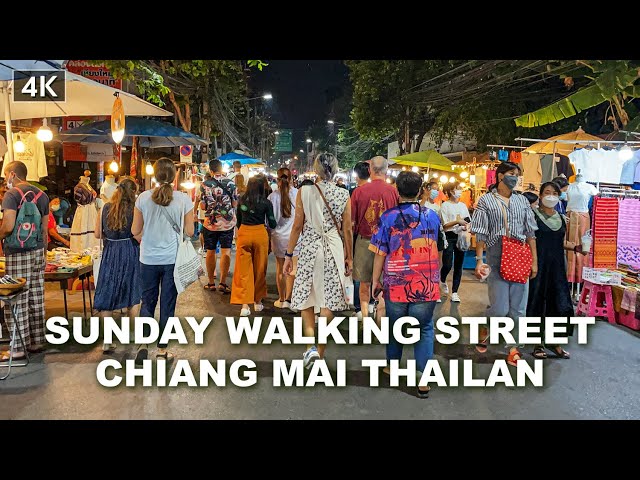 【4K】Night Walk Sunday Walking Street Chiang Mai Old City Thailand March, 2021