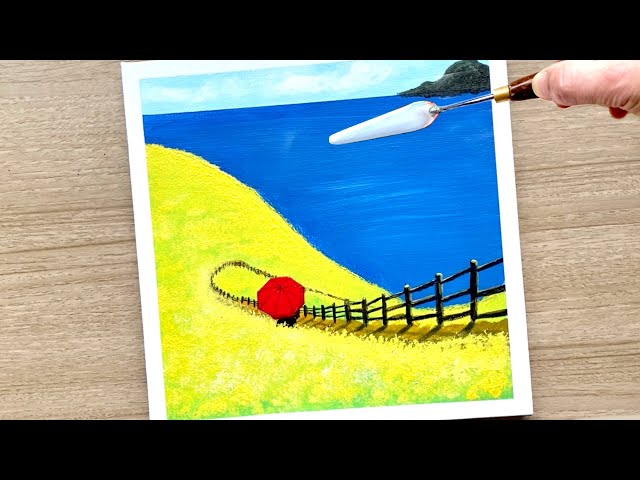 Daily Challenge No.43 / Acrylic Painting / Yellow Hills and Red Umbrella