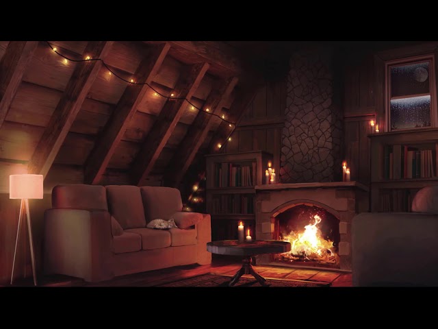 Relaxing at Cozy Attic Ambience | Soft Rain Sounds for Sleep | Crackling Fireplace