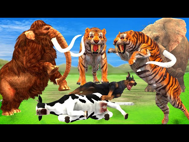 African Elephant vs Woolly Mammoth Fight Save Dog, Cow Cartoon From Giant Tiger Attack Animal Fight