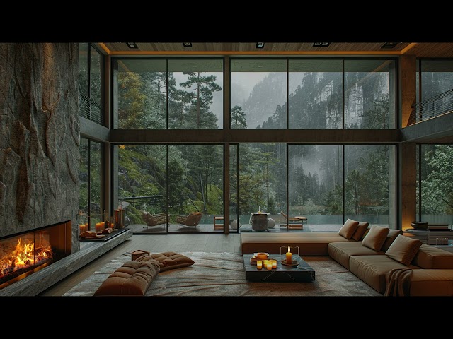 Rain In The Forest | Cozy Space next to the Fire and Gentle Jazz Music🌨 Jazz Music to Relax and Rest