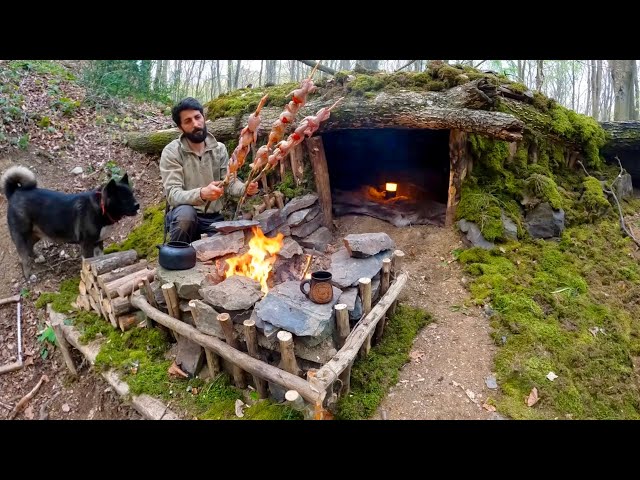 Building a WOOD and ROCK SHELTER for 3 Days SURVIVAL. Fireplace, Quail Cooking. BUSHCRAFT Camping