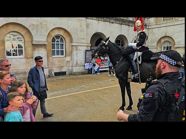 HORSE QUITS THREE TIMES as IDIOT TOURISTS just stand and stare at Police at Horse Guards!